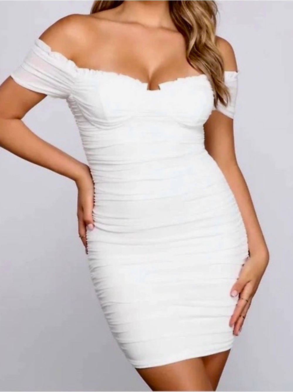Windsor White Off Shoulder Ruched Corset Dress XS